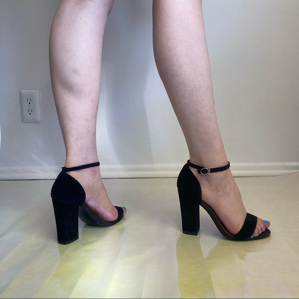 Black strap heels chunky suede